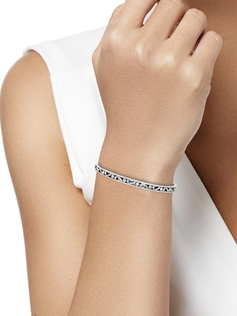 Brighton Contempo Slim Bangle Bracelet Silver Tone Scrollwork Stackable 7.8”